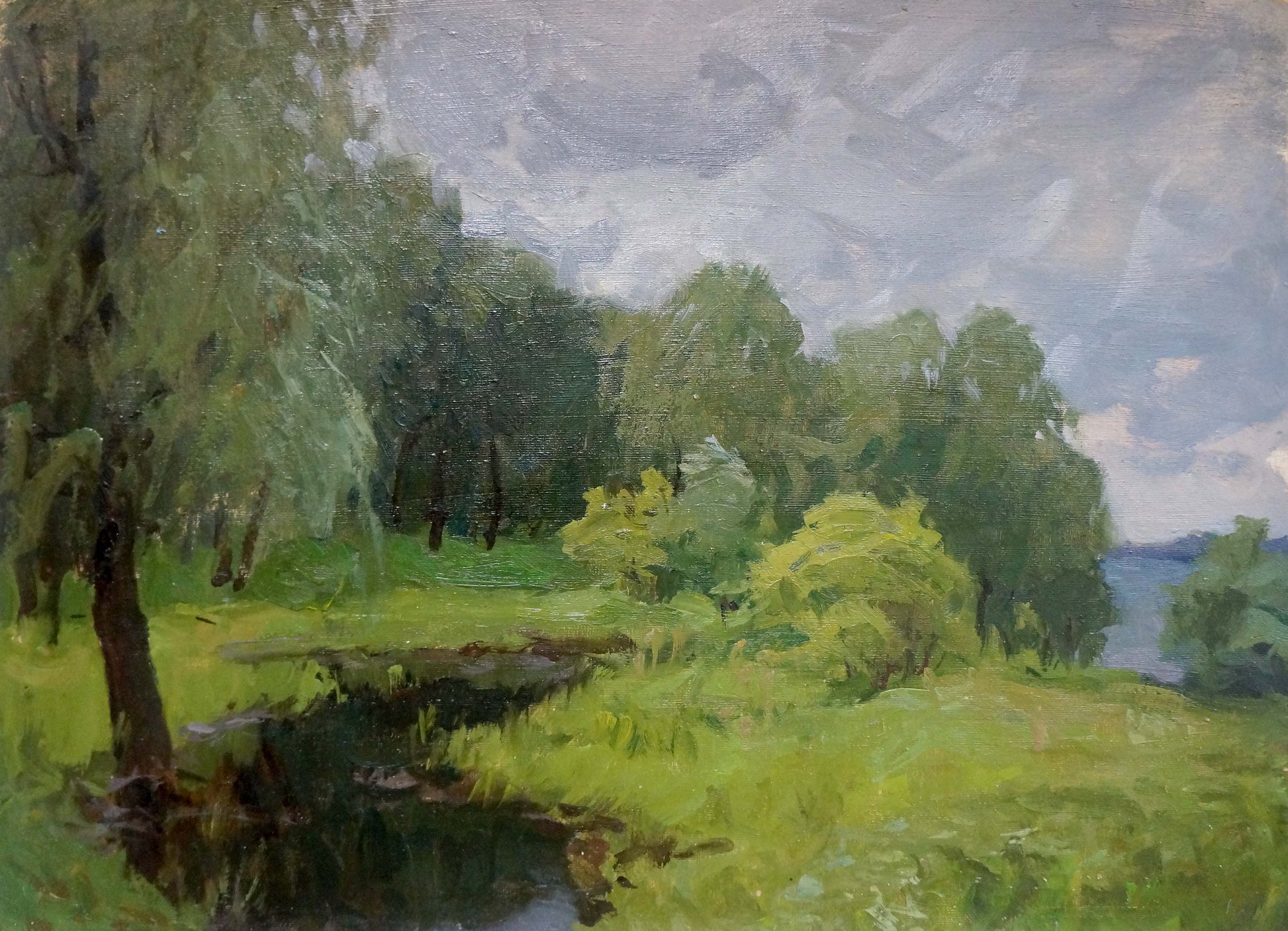 Serene oil painting Before the Rain by Gaiduk Viktor Kirillovich, lush landscape
