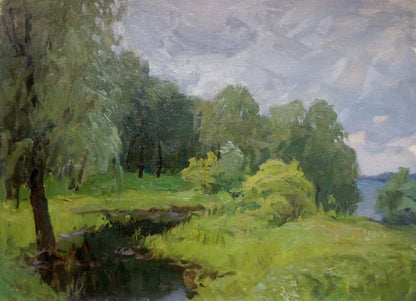 Serene oil painting Before the Rain by Gaiduk Viktor Kirillovich, lush landscape