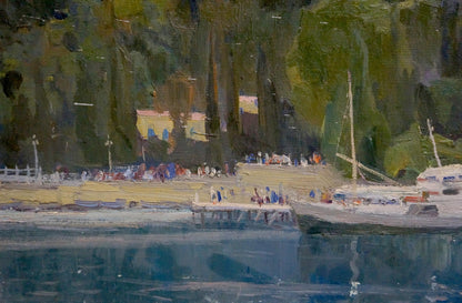 Serene impressionistic oil painting Twilight of waterfront with trees and boats