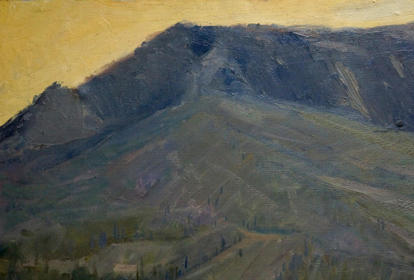 Oil painting Twilight: textured mountain with rugged peaks under golden sky