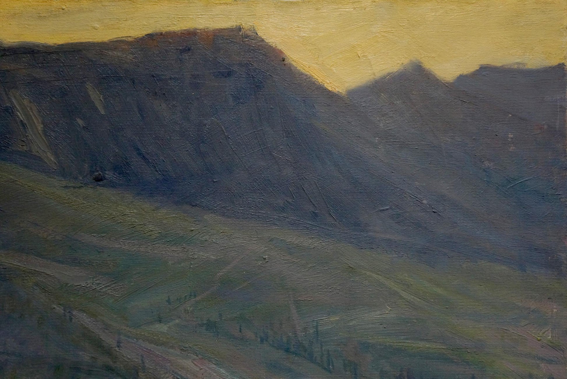Textured oil painting Twilight: rugged mountains under warm golden sky