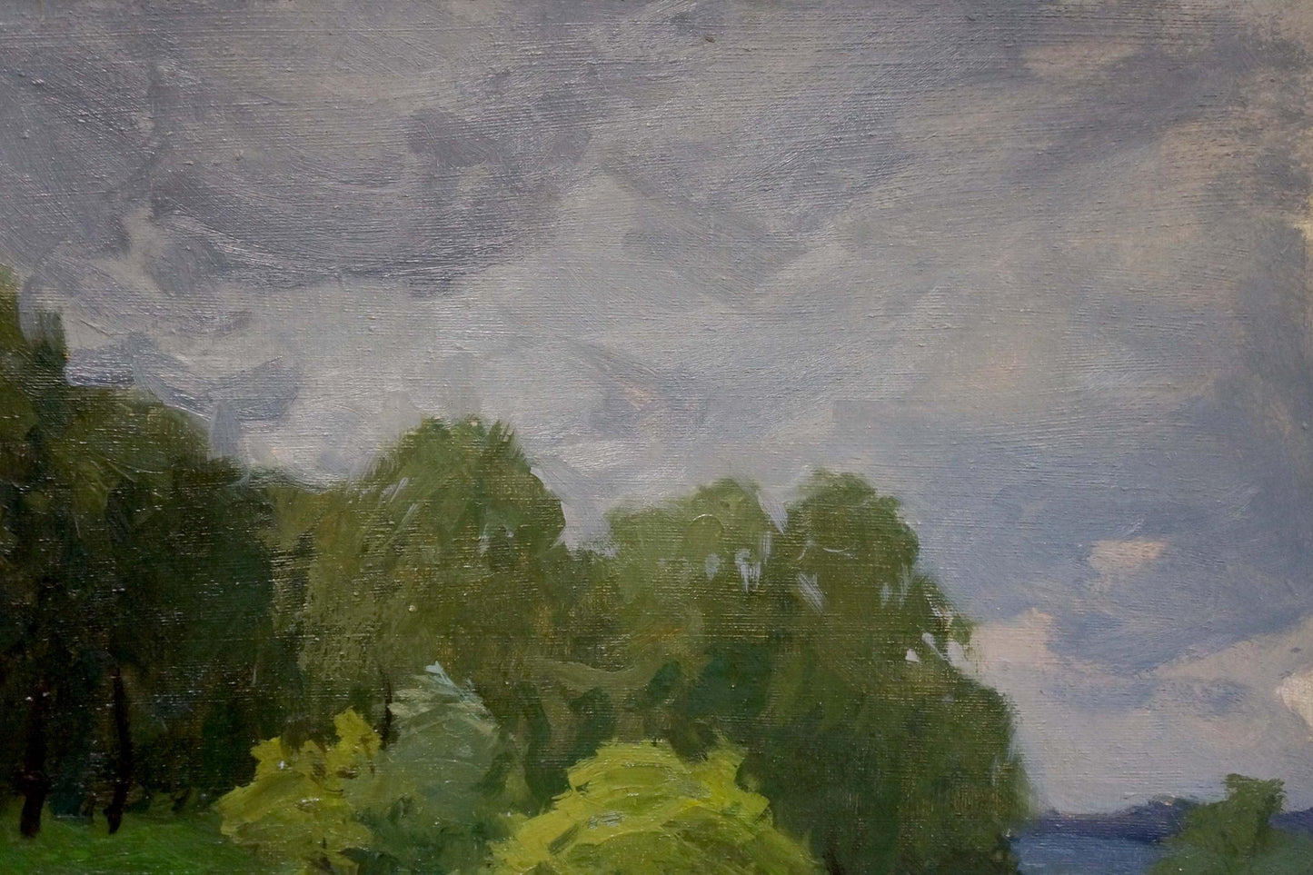 Oil painting Before the Rain by Gaiduk Viktor Kirillovich, lush green trees under overcast sky
