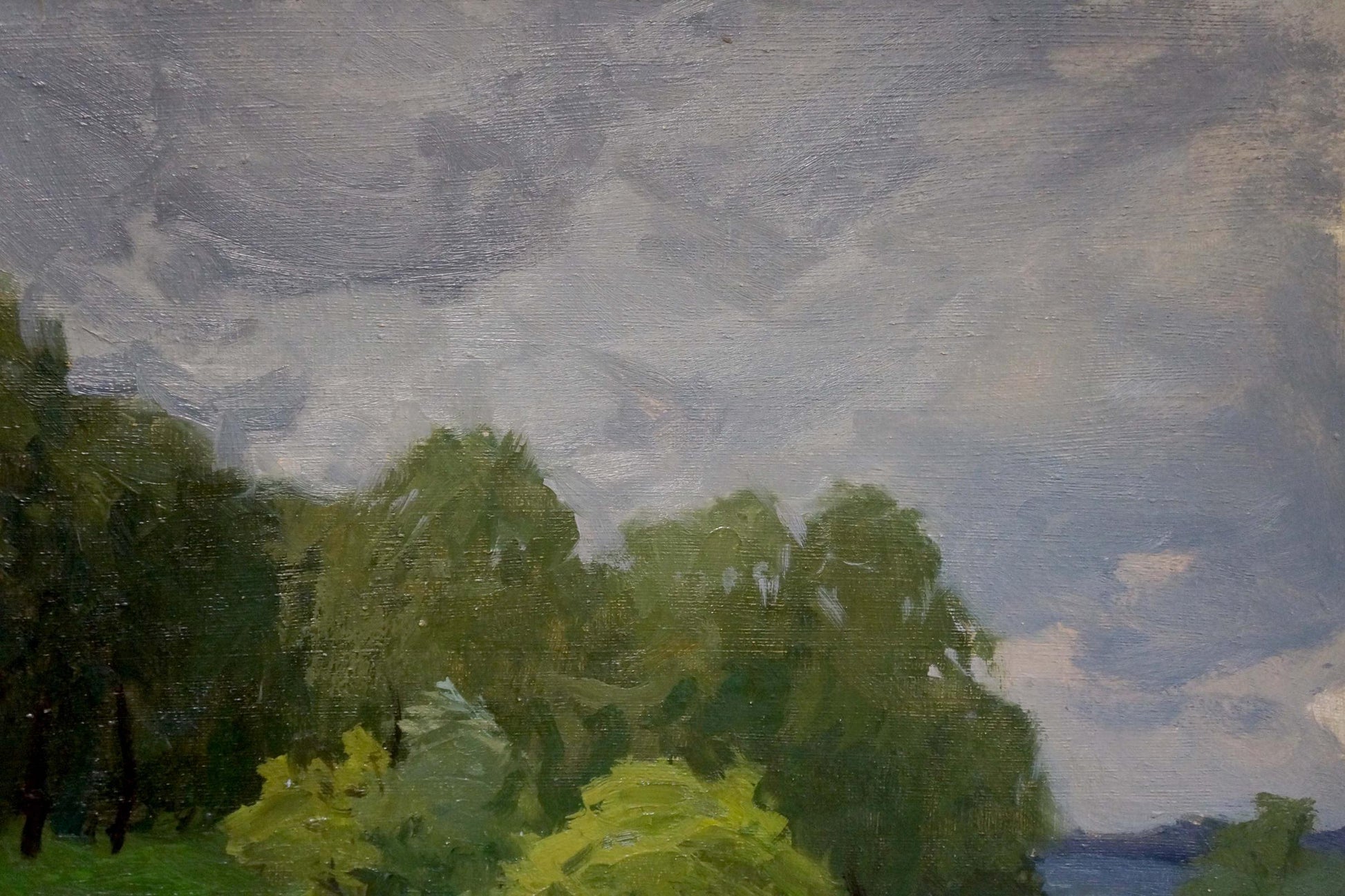 Oil painting Before the Rain by Gaiduk Viktor Kirillovich, lush green trees under overcast sky