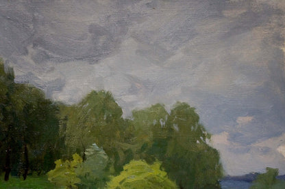 Oil painting Before the Rain by Gaiduk Viktor Kirillovich, lush green trees under overcast sky
