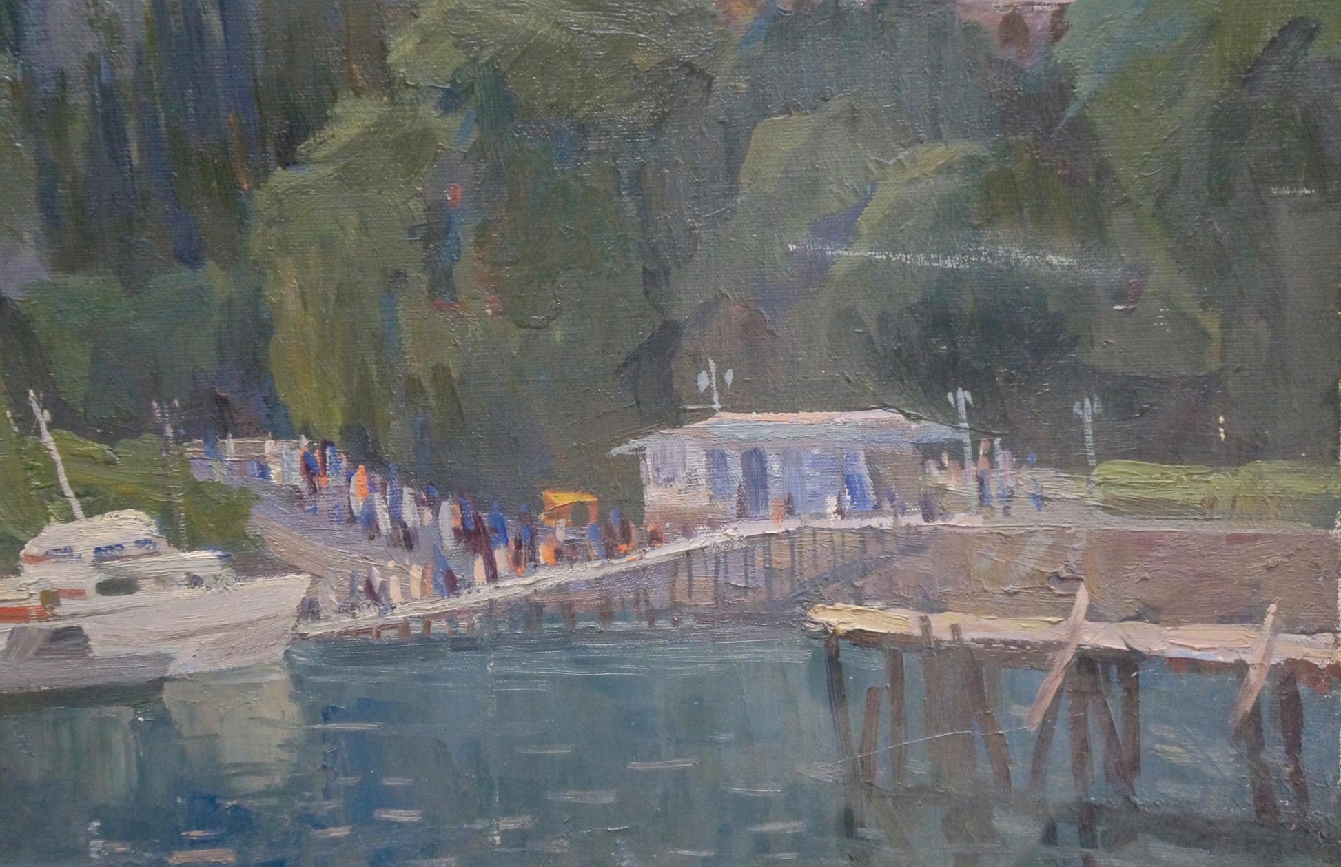 Oil painting Twilight: painted wooden pier with blue building, trees, boats