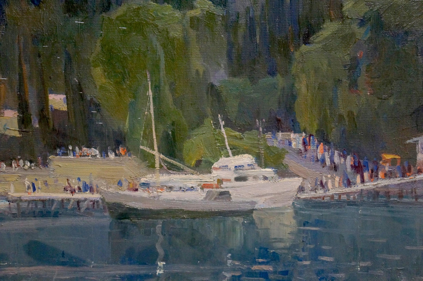 Oil painting Twilight: white sailboat in calm blue water by green shore