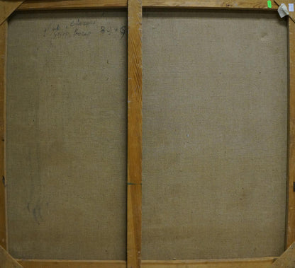 Back of Twilight oil painting: two-panel wooden frame with beige linen and handwritten markings
