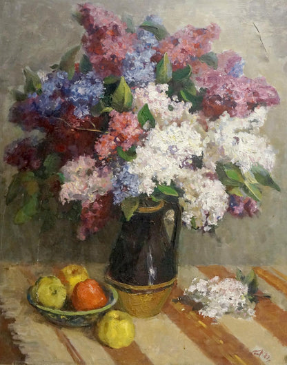 Oil painting of dark ceramic pitcher with gold rim, lush lilac blossoms by Andrey Andreevich Sinitar