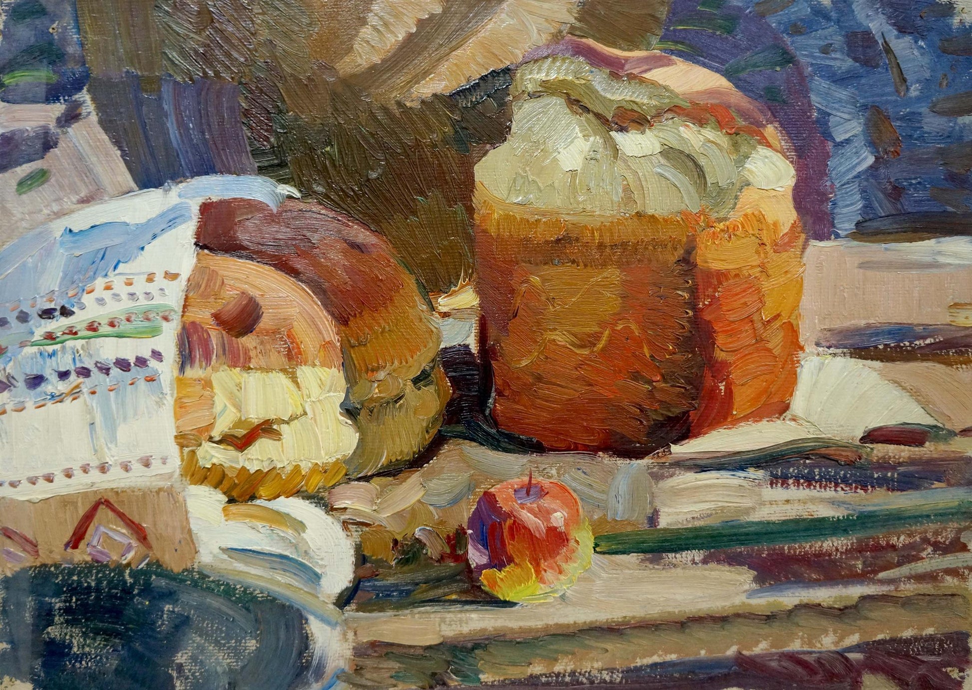 Oil painting by Zhezher Anatoly Mikhailovich: textured loaves of bread and apple