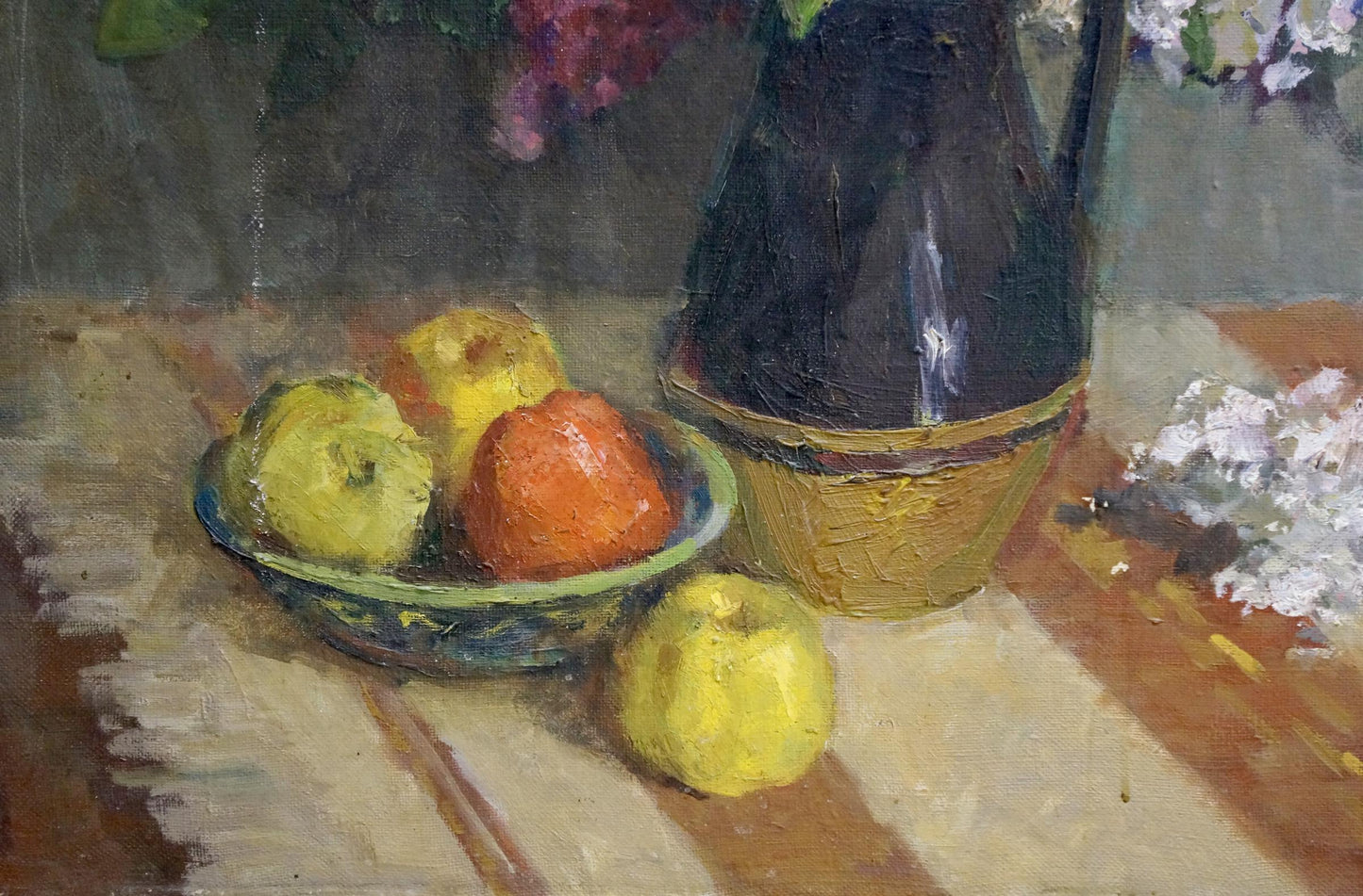 Oil painting by Andrey Andreevich Sinitar: blue bowl with green rim holding apples