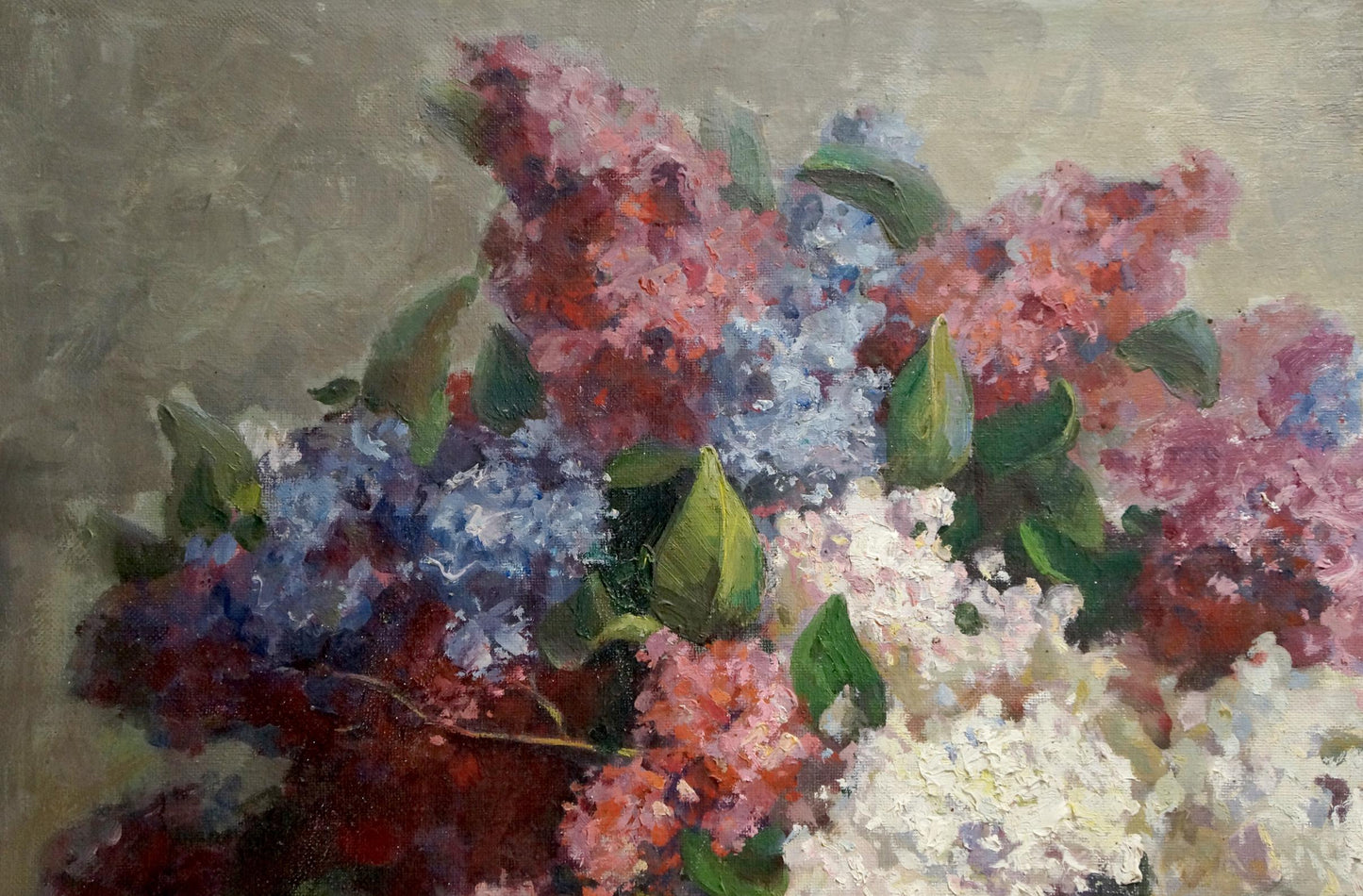 Oil painting of vibrant pink purple white lilacs by Andrey Andreevich Sinitar