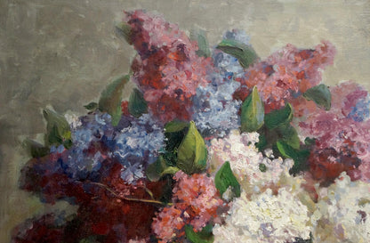 Oil painting of vibrant pink purple white lilacs by Andrey Andreevich Sinitar