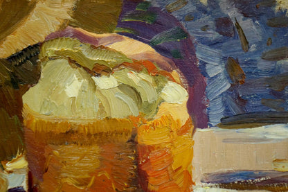 Oil painting by Zhezher Anatoly Mikhailovich of textured golden-brown rural bread pastry with creamy frosting