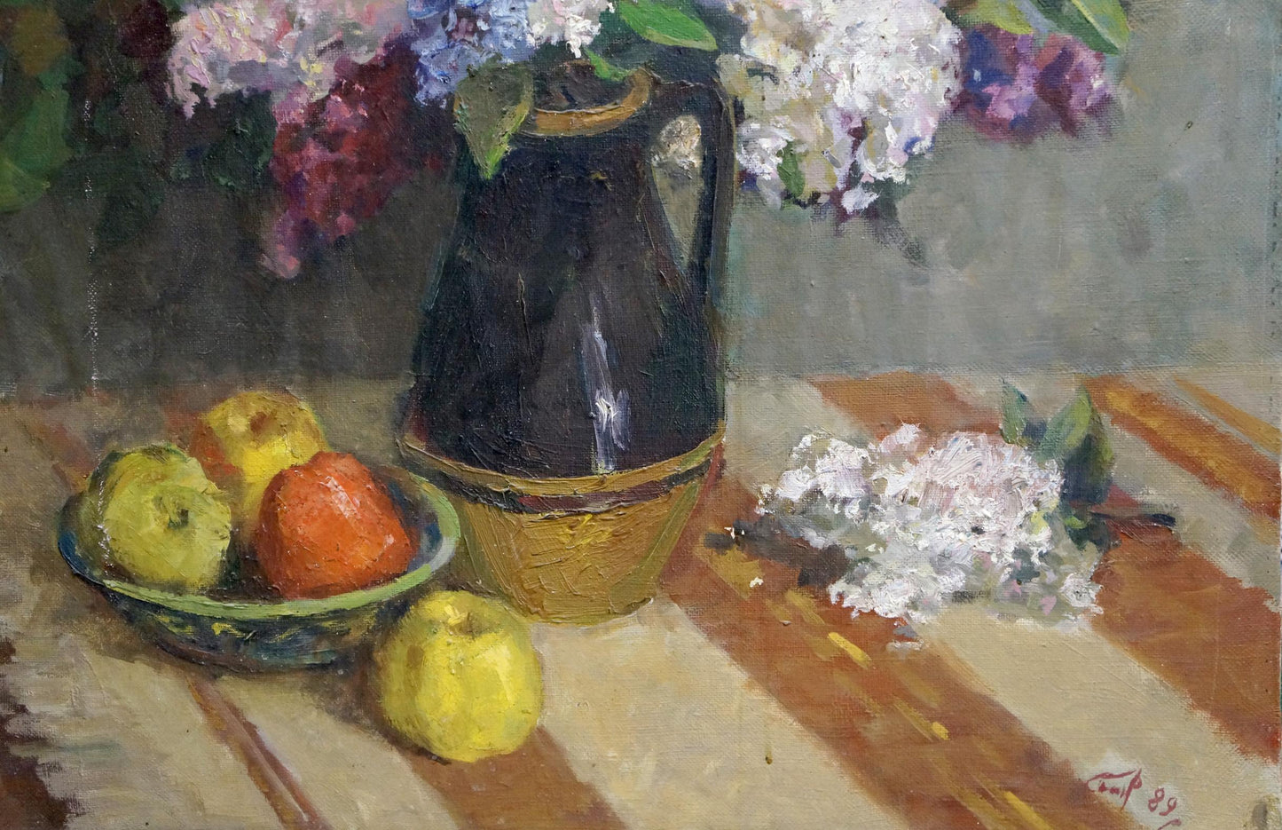 Dark ceramic pitcher with gold rim in Andrey Andreevich Sinitar oil painting still life