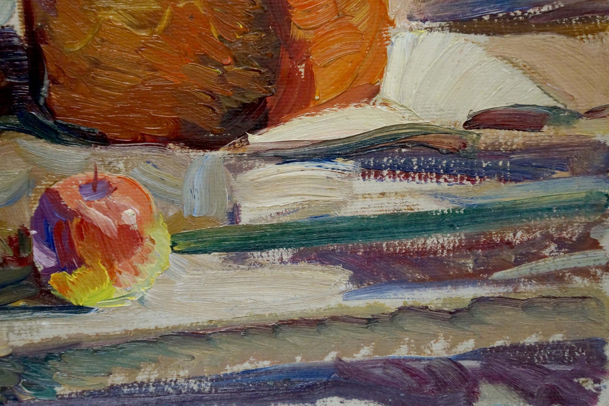 Oil painting by Zhezher Anatoly Mikhailovich: red apple and orange on surface