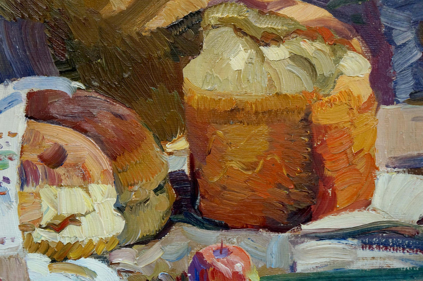 Oil painting by Zhezher Anatoly Mikhailovich: textured golden-brown loaf and frosted pastry