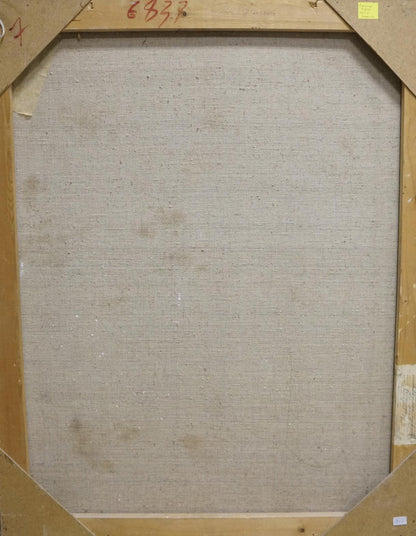 Back of framed oil painting Still life by Andrey Andreevich Sinitar with beige linen backing