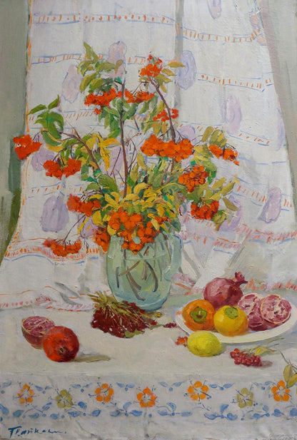 Oil painting of vibrant orange berries in teal vase by Kapkanets Tamara Nikitichna