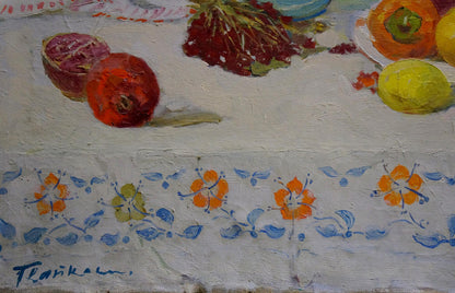 Oil painting by Kapkanets Tamara Nikitichna: vibrant pomegranate with fruits