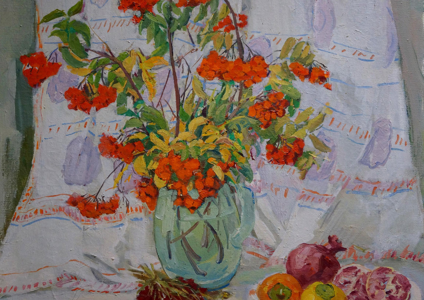 Oil painting of vibrant orange berries in teal vase by Kapkanets Tamara Nikitichna