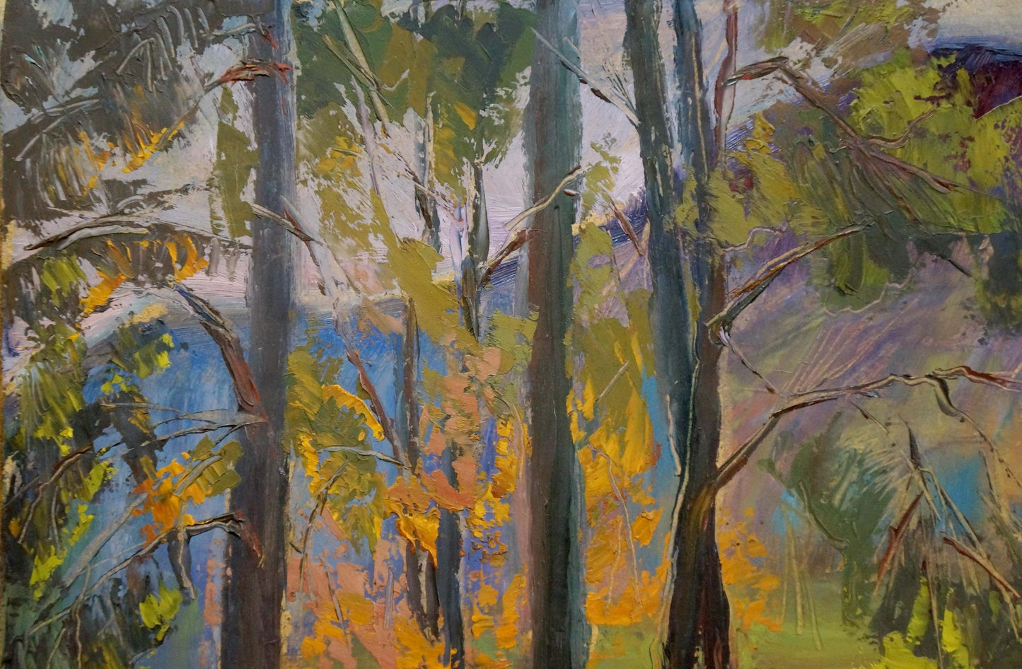 Impressionistic oil painting of lake in forest by Nikolay Keretchanin