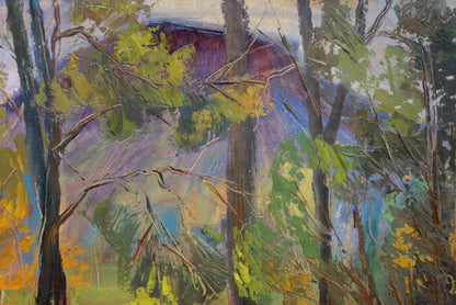 Vibrant impressionist oil painting of lake in forest by Nikolay Keretchanin