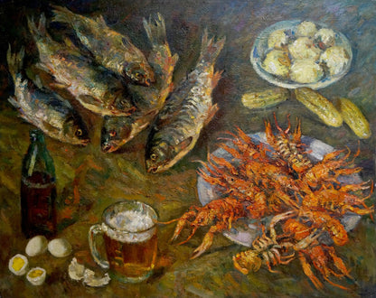 Oil painting of rustic still life with fish by Pinkhosovich Boris Anisimovich