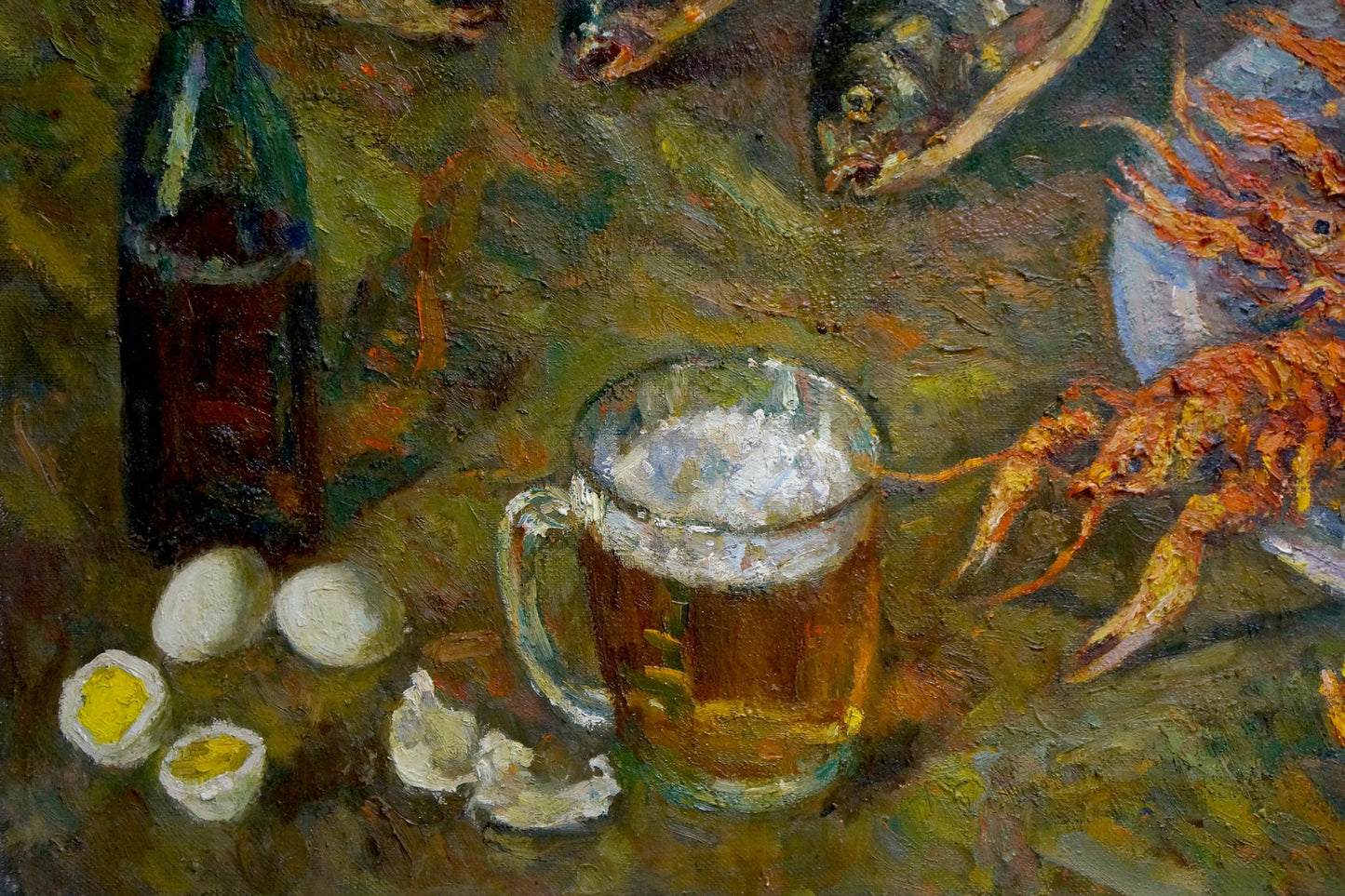 Oil painting of beer mug, green bottle, eggs by Pinkhosovich Boris Anisimovich