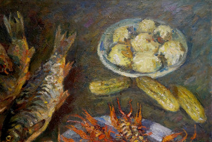 Oil painting of still life with fish by Pinkhosovich Boris Anisimovich, yellow dumplings in blue-rim bowl