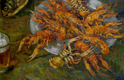Oil painting by Pinkhosovich Boris Anisimovich: orange yellow crabs in bowl