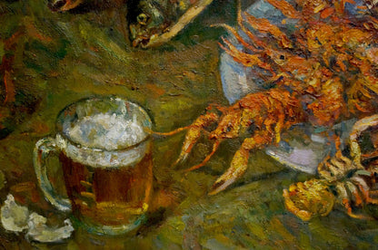 Oil painting by Pinkhosovich Boris Anisimovich: beer mug on green surface