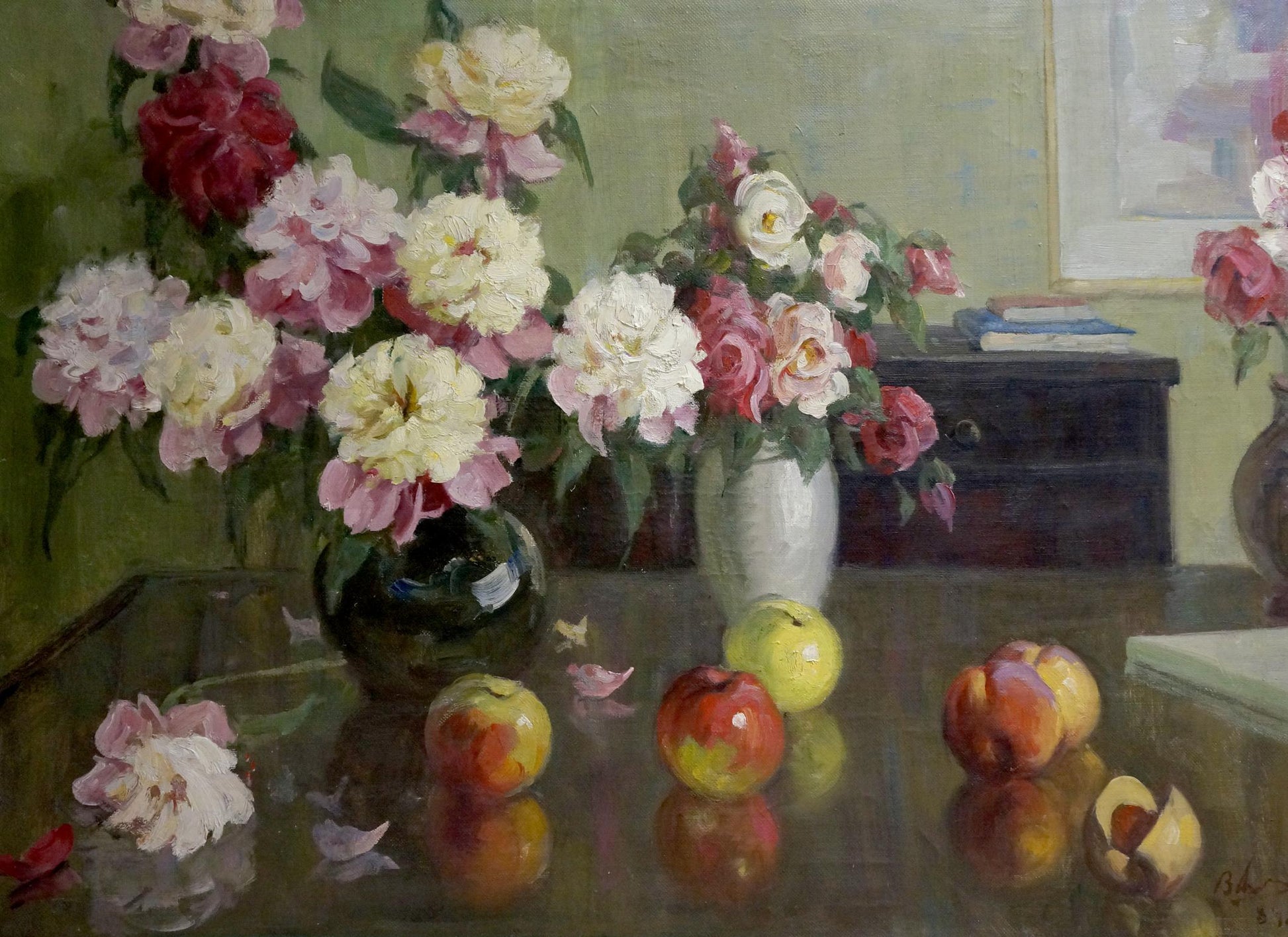 Oil painting of pink and white peonies in dark green vase with apples