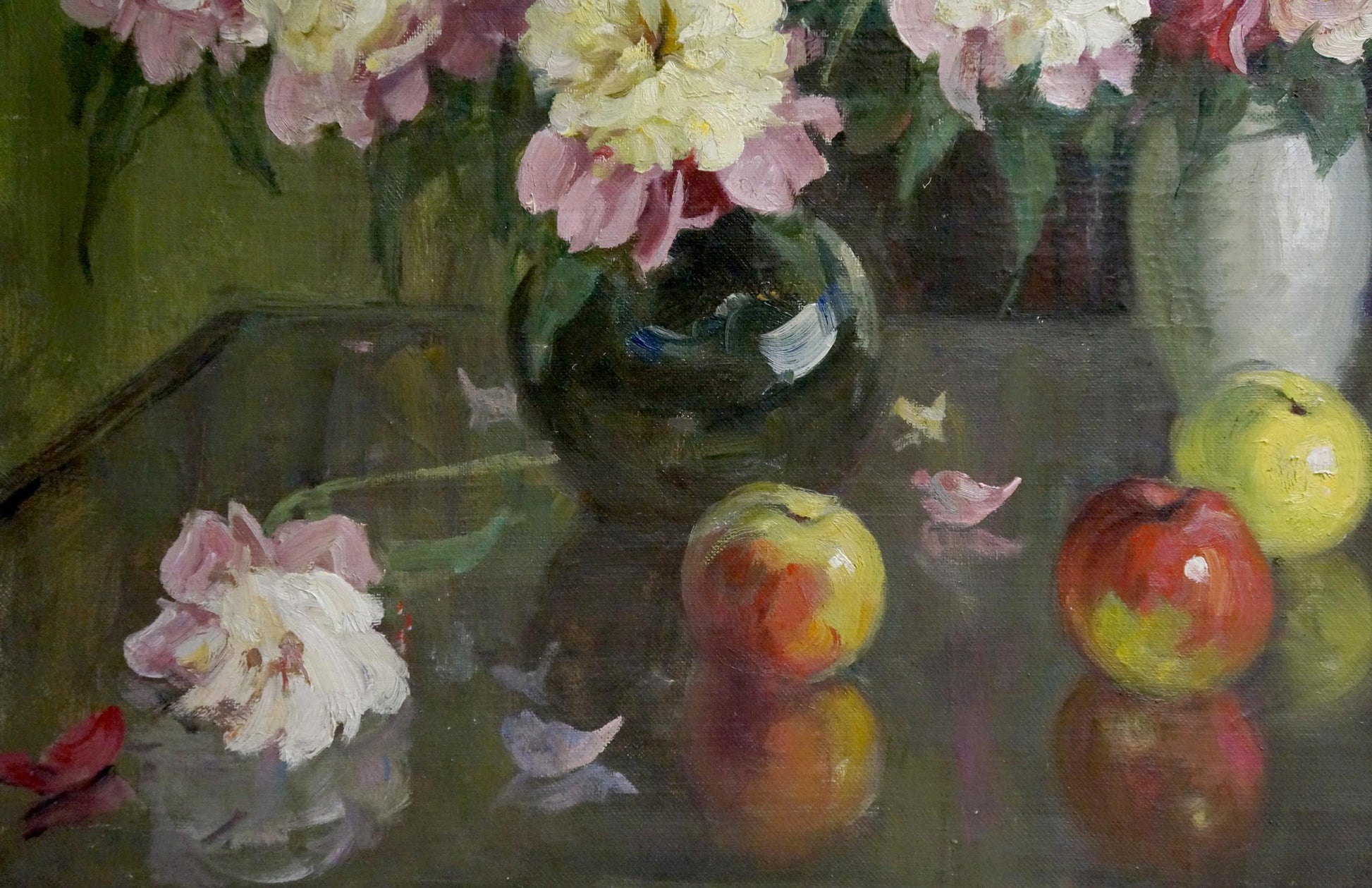 Oil painting of morning flowers with apples, pink peonies in dark green vase