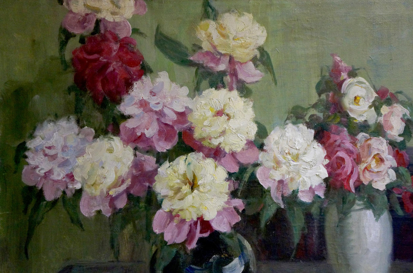 Oil painting of vibrant peonies and apples in white vase