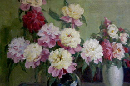 Oil painting of vibrant peonies and apples in white vase