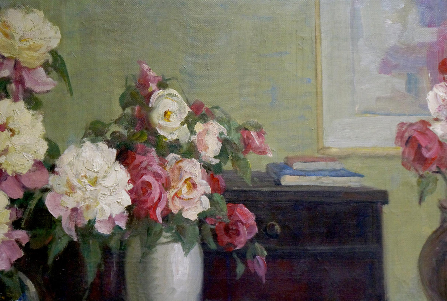 Oil painting of morning flowers with apples and lush pink cream red roses
