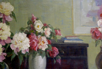 Oil painting of morning flowers with apples and lush pink cream red roses