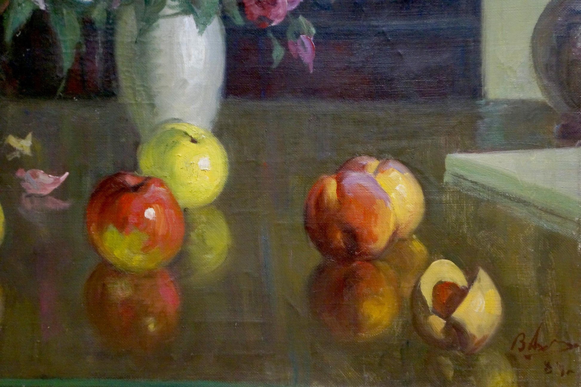 Oil painting Morning flowers with apples: pink roses in vase, apples, pears