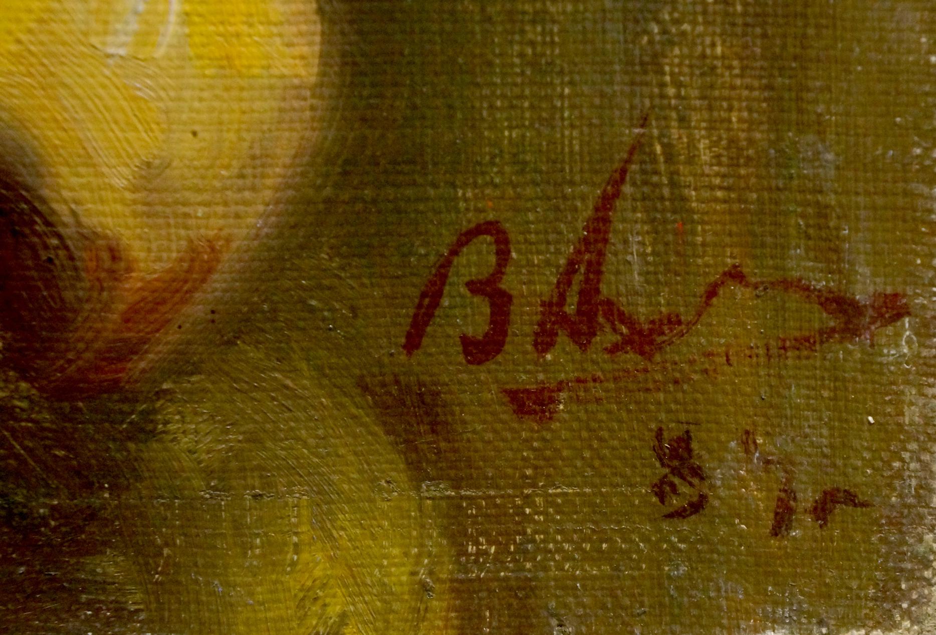 Red cursive signature on textured yellow-green canvas back of Morning Flowers with Apples oil painting