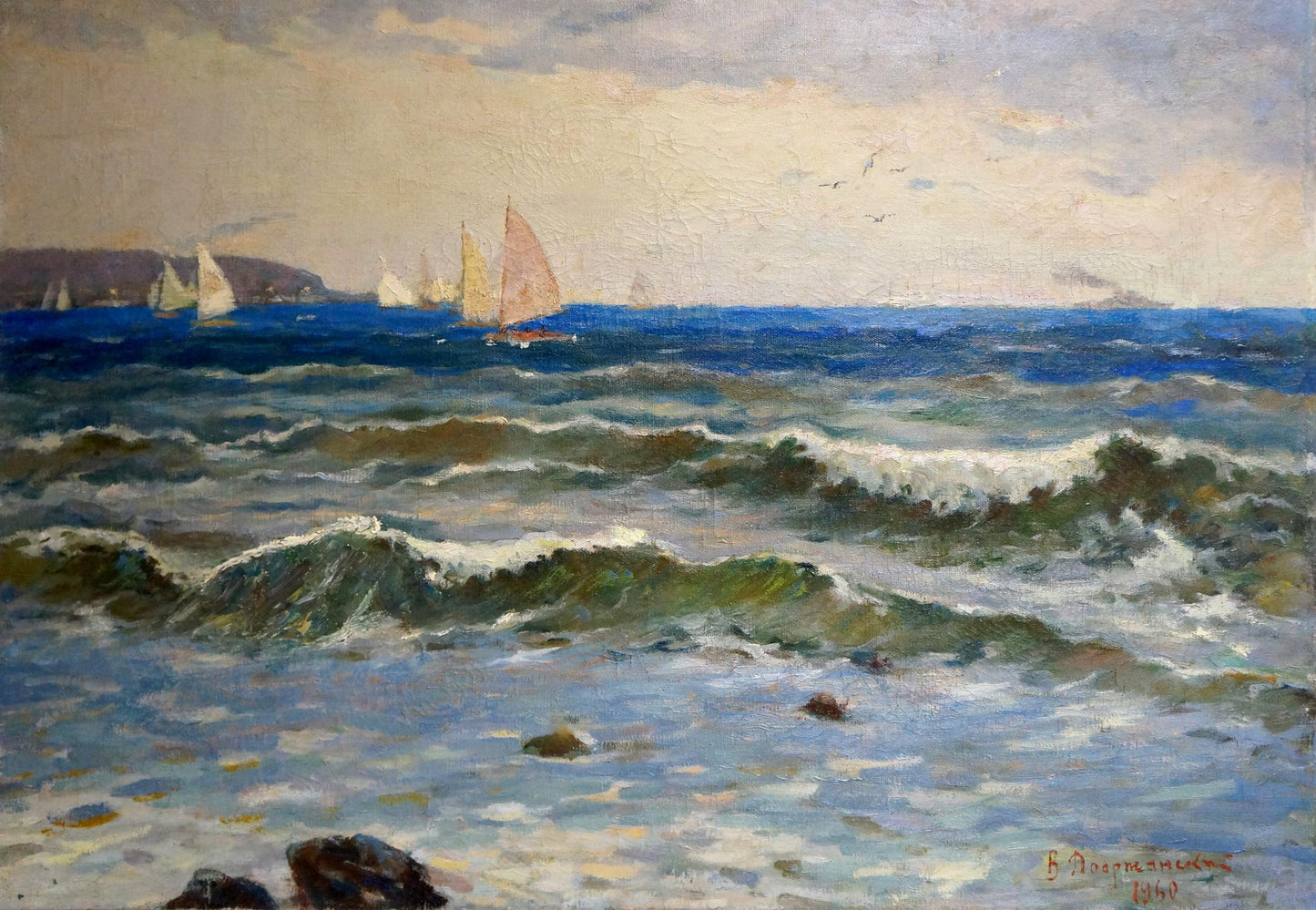 Vibrant Dobrzhansky Victor Mikhailovich seascape oil painting of sailboats in choppy waters