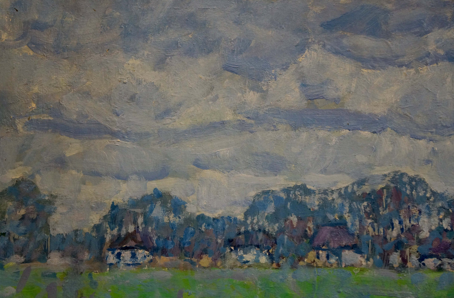 Oil painting Sun ray by Kolosovsky Georgy Sergeevich, village under cloudy sky