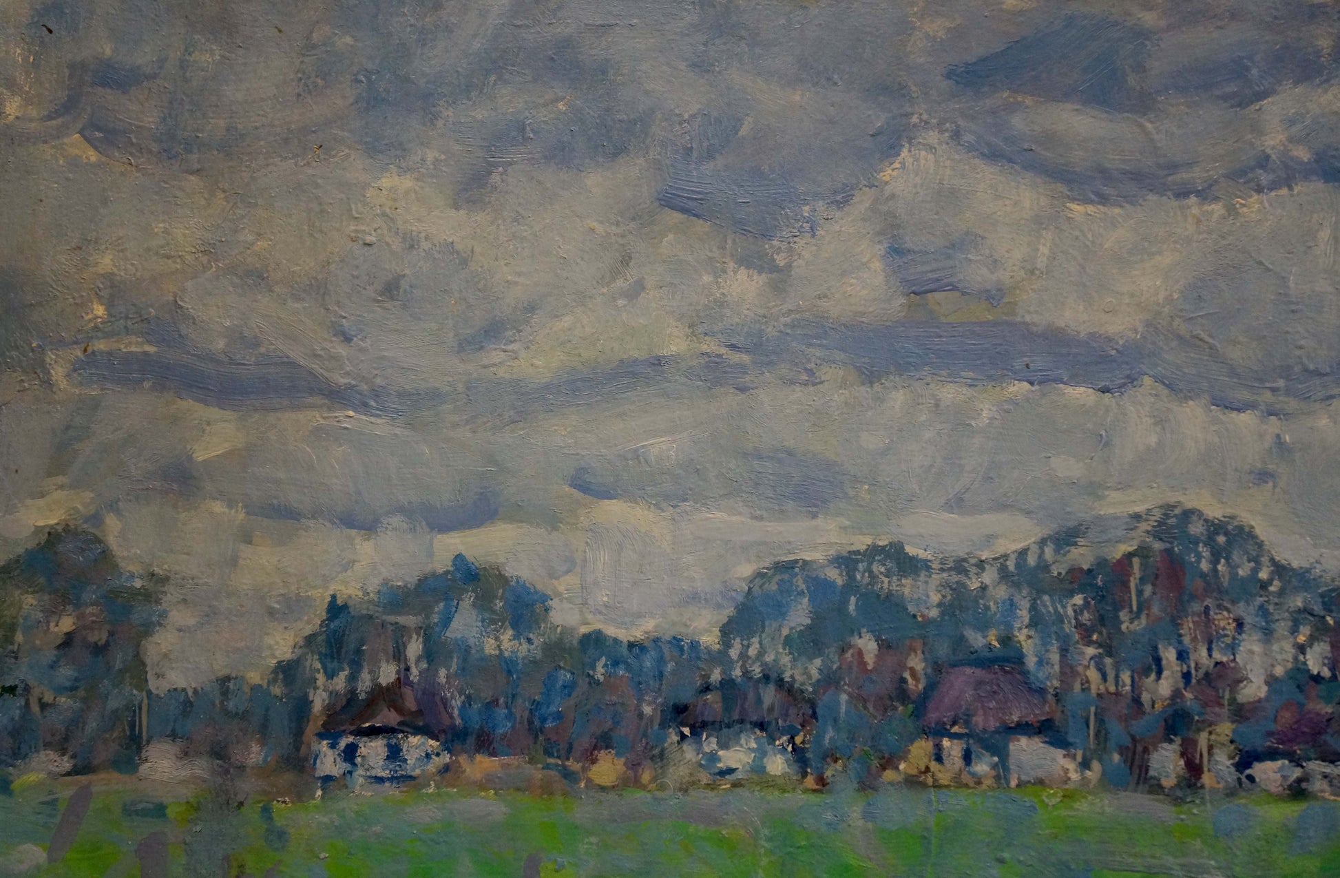 Oil painting Sun ray by Kolosovsky Georgy Sergeevich, village under cloudy sky