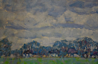 Oil painting Sun ray by Kolosovsky Georgy Sergeevich, village under cloudy sky