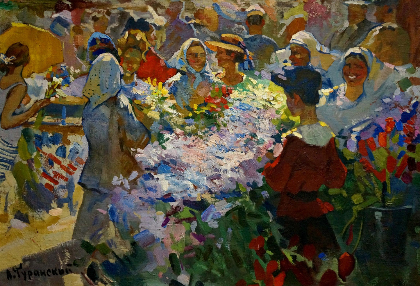 Vibrant impressionist oil painting by Turansky Alexander Alekseevich of bustling flower market