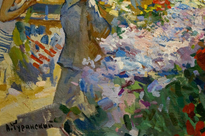 Vibrant impressionistic oil painting by Turansky Alexander Alekseevich of figure in blue-gray amid colorful flowers