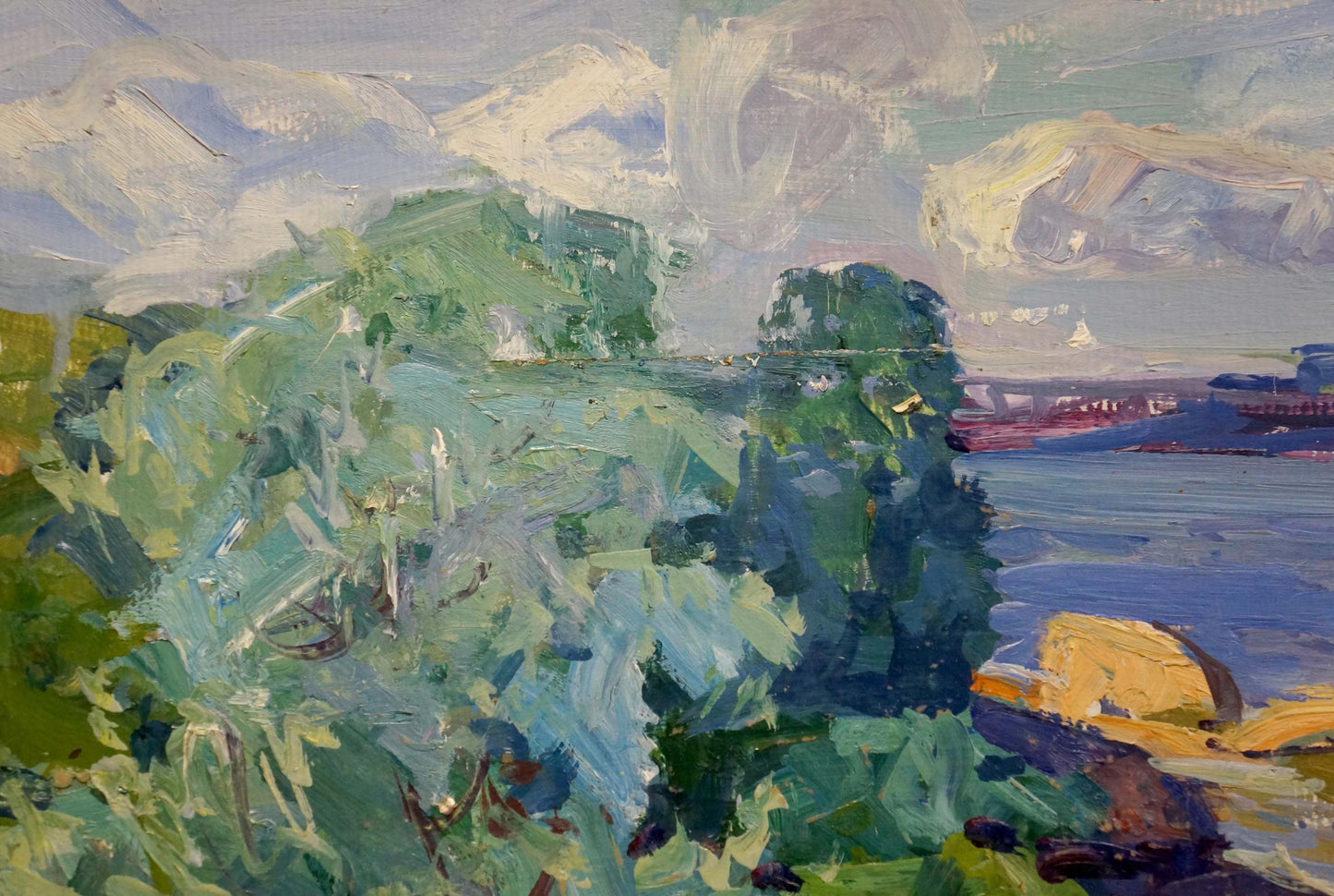 A vibrant impressionistic painting featuring lush green foliage in the foreground, with soft blues and purples blending into a distant shoreline under a cloudy sky.