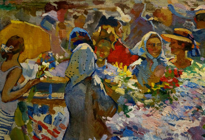 Vibrant impressionist oil painting by Turansky Alexander Alekseevich of bustling flower market