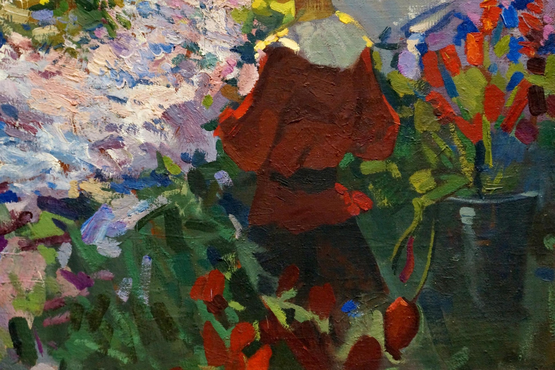 Oil painting by Turansky Alexander Alekseevich: figure in red coat amid flowers