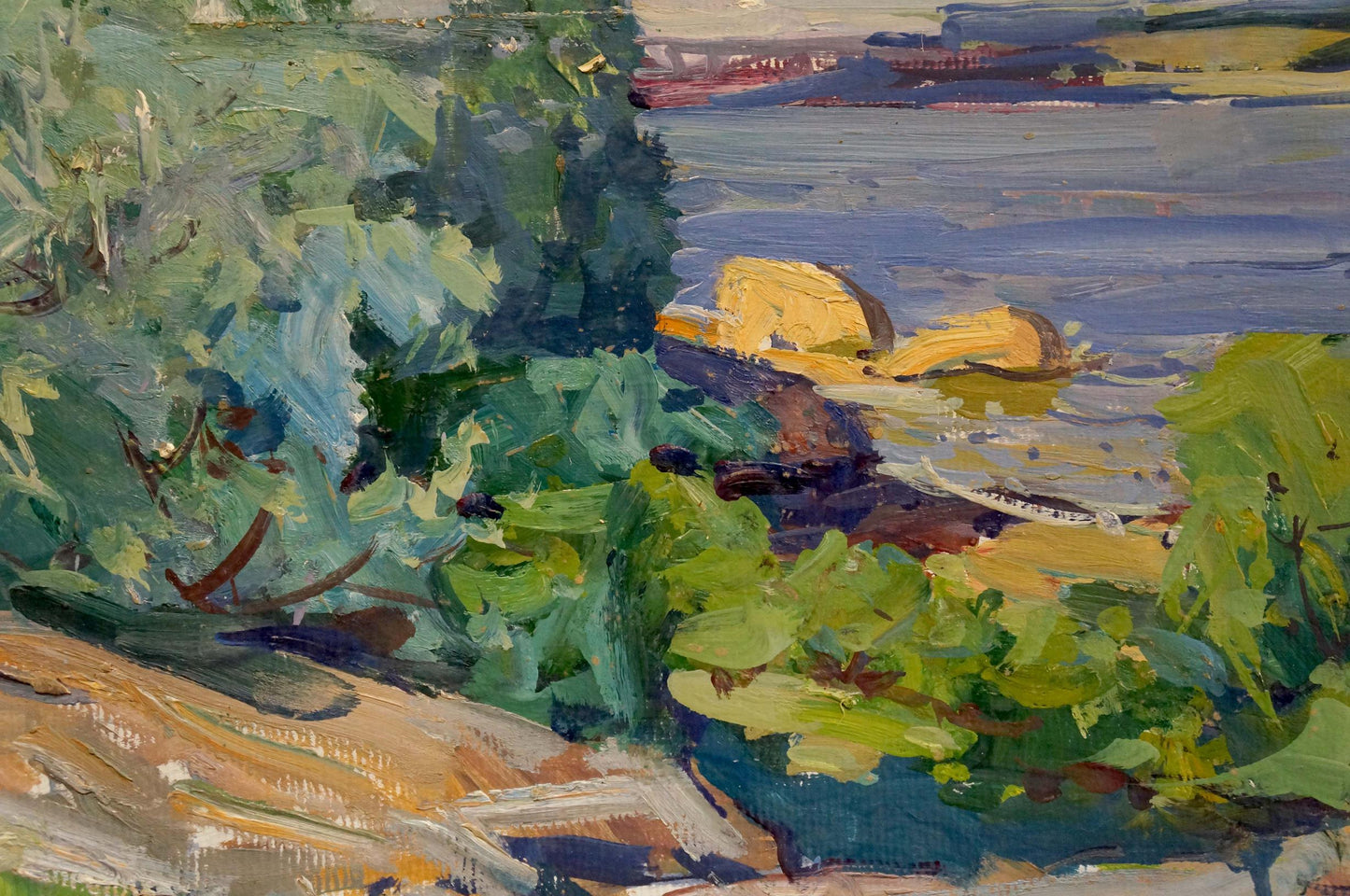 Vibrant impressionist oil painting by Kolosovsky Georgy Sergeevich, lush greenery and Dnieper waterway
