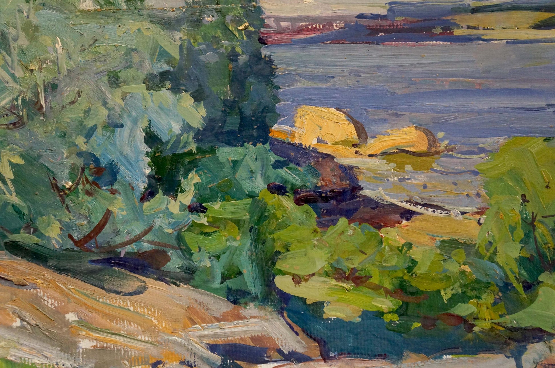 Vibrant impressionist oil painting by Kolosovsky Georgy Sergeevich, lush greenery and Dnieper waterway